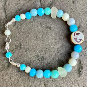 Scottish Seafoam Sea Glass Mermaid Beaded Bracelet - Turquoise & Aqua Nautical Seaglass Sterling Silver Beach Bangle