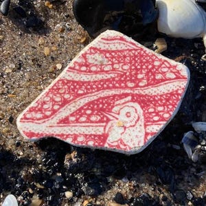 May include: A fragment of red and white antique ceramic pottery with a bird design, lying on a sandy beach with small rocks and shells. The pottery piece has a detailed pattern.