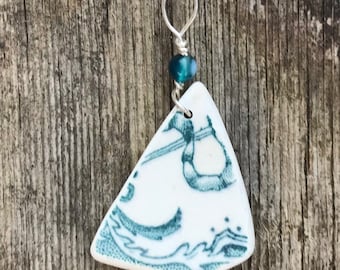 Sterling Silver Green & White Scottish Sea Pottery Pendant Necklace - 18" Sterling Silver Chain With Dark Green Swirl Agate Bead Z3