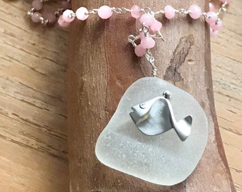 White Scottish Sea Glass Pendant Beach Necklace - 16.5 Inch Silver Plated Pink Rose Chalcedony Gemstone Wire Wrapped Chain Fish Charm CS2