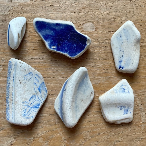 Lot Of Thick Sea Pottery Bowl Base Or Rim Piece Set From Scotland - For Crafts Or Display - Blue & White  Floral Flowers WX21