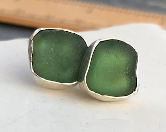 Sterling Silver Sea Beach Bezel Set Stud Earrings - Green Seaham English Seaglass Lot 4P