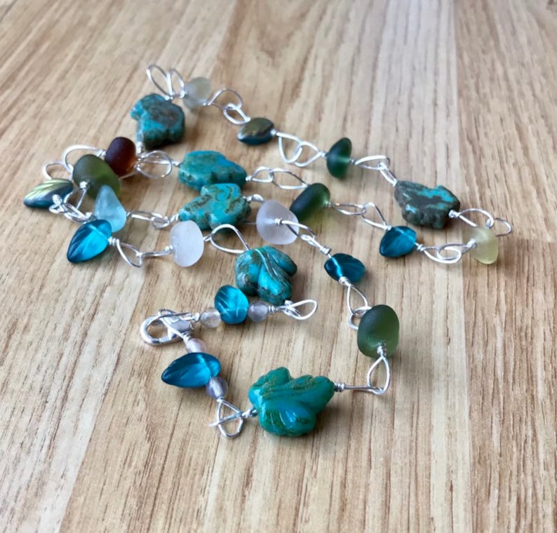 Seaham Sea Glass In Fall Colours /& Czech Turquoise Teal Green Blue Leaf Beads Sterling Silver 23 Seaglass Autumn Leaves Beach Necklace