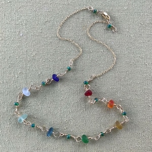 18&quot; Gold Filled Sea Glass Rainbow Necklace - Multicoloured Seaglass & Czech Glass Teal Beads - Red, Orange, Yellow Turquoise Blue Green CS7