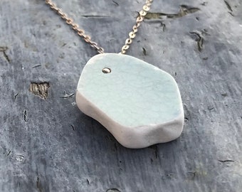 Simple Sterling Silver Glazed Light Pale Green & White Scottish Sea Pottery Pendant Necklace - 18" Sterling Silver Chain 6H