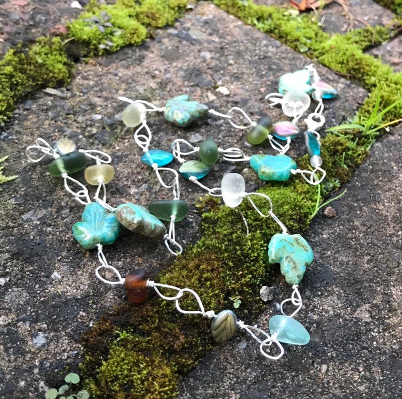 Seaham Sea Glass In Fall Colours /& Czech Turquoise Teal Green Blue Leaf Beads Sterling Silver 23 Seaglass Autumn Leaves Beach Necklace