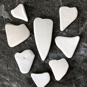 May include: An overhead shot of eight white, irregularly shaped stones arranged on a dark, textured surface. The stones vary in size and shape, some with rounded edges and others with more angular forms. The color is a soft, off-white.