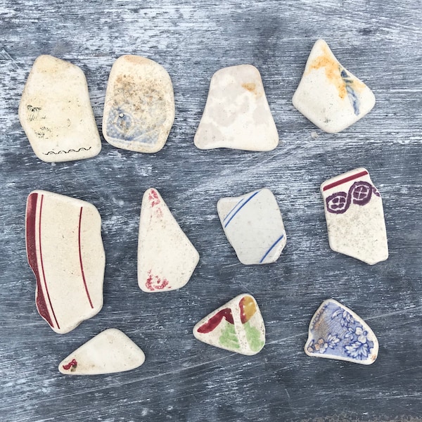 Red, Green, Grey Gray, Purple, Blue, & Cream White Sea Pottery Piece Set From Scotland - For Crafts, Display, Or Jewelry - Spongeware BD838