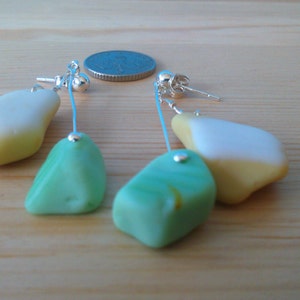 Sterling Silver Pastel Sea Beach Glass Pair Of Drop Dangly Spring Earrings Made With Seaham Milk Seaglass - Retro Mint Green & Yellow E9