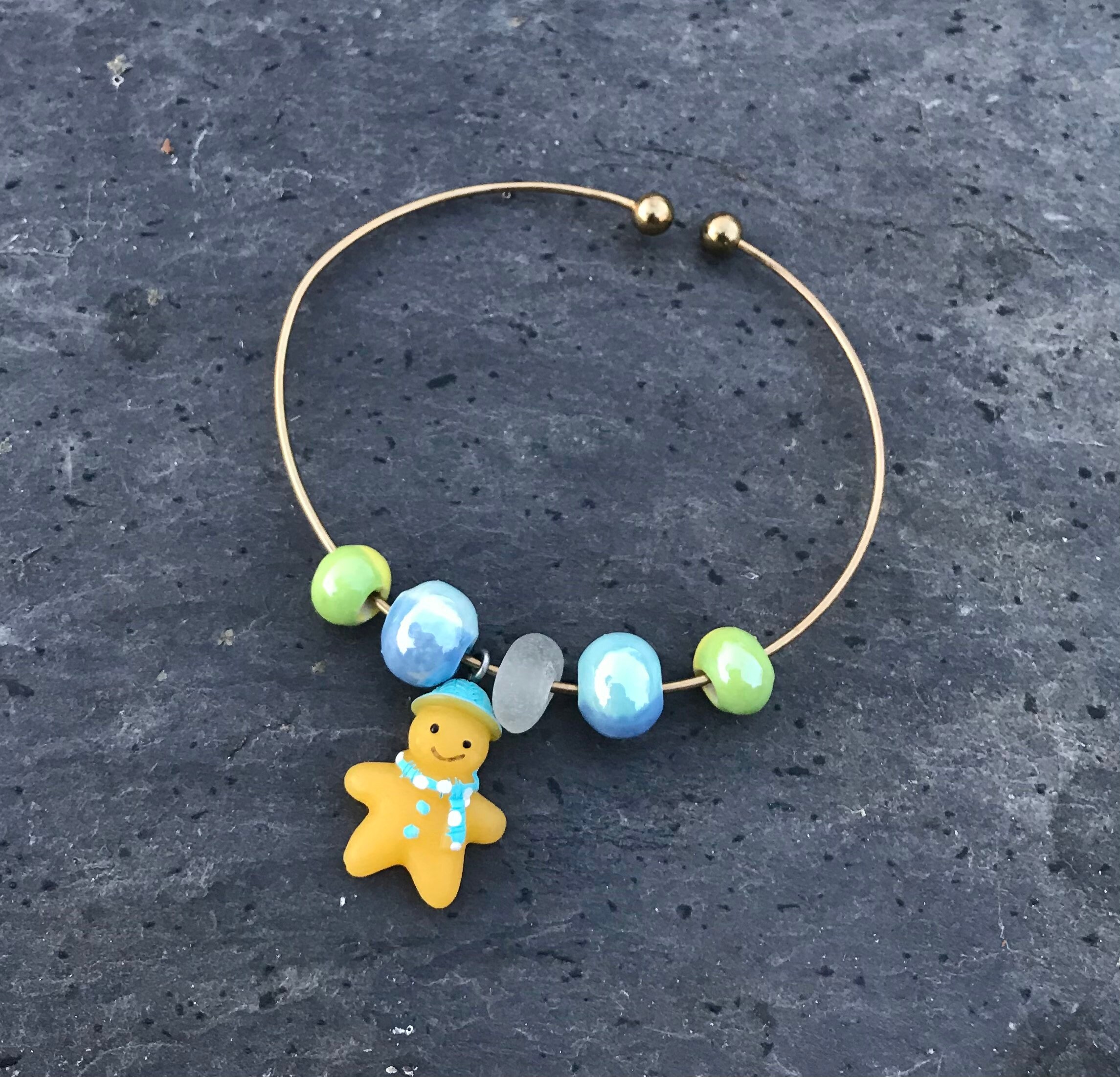 scottish seaside jewellery beach found glass bangle Blue Beaded seaglass bracelet