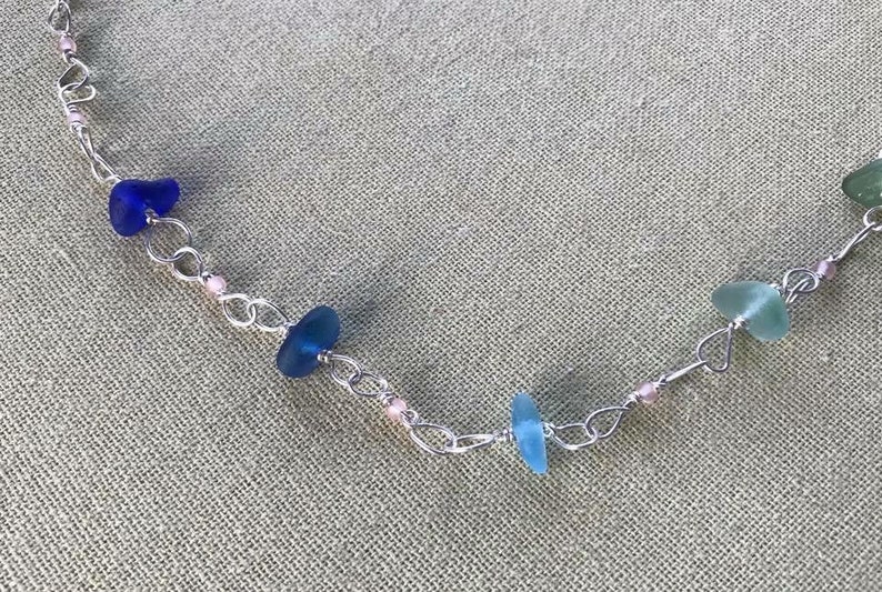 Honey Amber Orange Red Yellow Blue Green 19.5 Sterling Silver Sea Glass Rainbow Necklace With Multicoloured Seaglass /& Glass Teal Beads