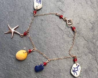 Rose Gold Filled 6.75” Beach Starfish Seashell Bracelet - Cobalt Blue Scottish Sea Glass, Pottery, Shells & Lapis Lazuli With Red Beads