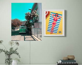 Poster,Reisebuss mit Blumen,60ger Jahre,Strand und Traum