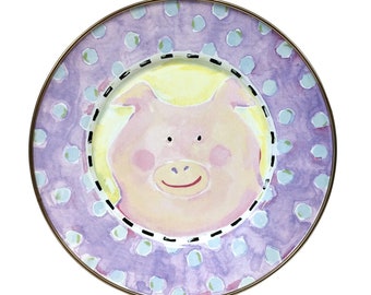 Mackenzie Childs Piggy Pig Pink Enamel Dessert  Plate Retired
