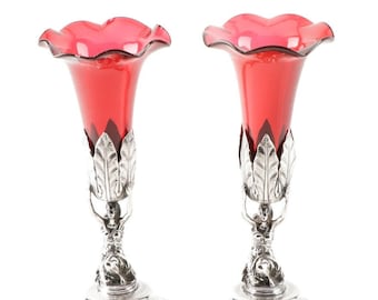 Silver Plate Candlesticks with Fluted Ruby Flashed Glass Shades