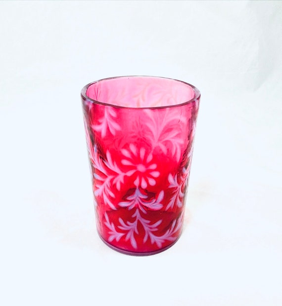 L.G. Wright Fenton Cranberry Opalescent Fern & Daisy Pickle Castor