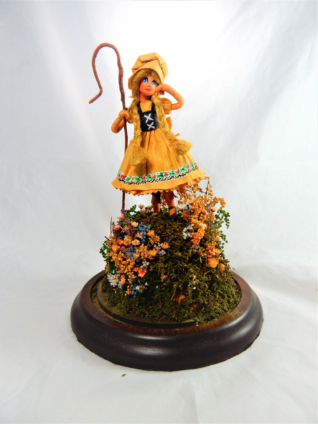 PEGGIE KILGORE Little Bo Peep Corn Husk Doll Wood Base Hook Fairy Tale