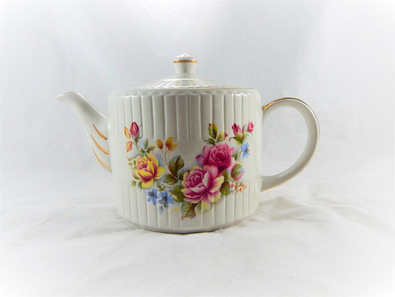 Ellgreave Teapot England Pink & Yellow Rose Design White Gold Etsy