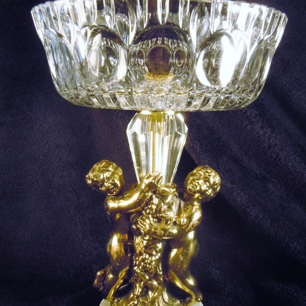 Cut Crystal Centerpiece Bowl, Marble Base, 2 Metal Cherubs