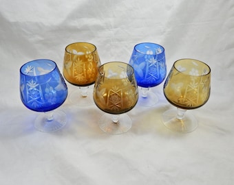 Bohemian Cut To Clear Brandy glasses sniffers Cobalt Blue and Amber