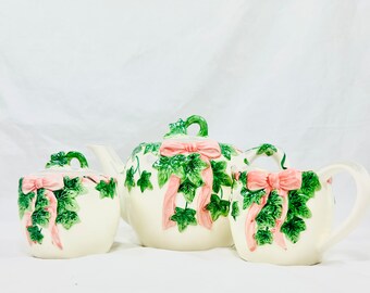 Mary Ann Baker Otagiri Teapot, Creamer and Sugar Bowl With Ivy and Bow Hand Painted  Japan