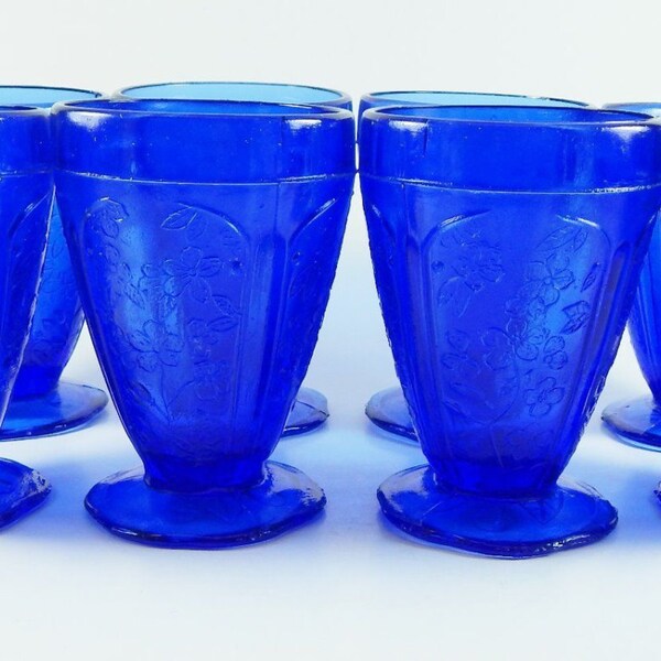 Depression Cobalt Blue Glass Embossed FlowerTumblers, Set of 8