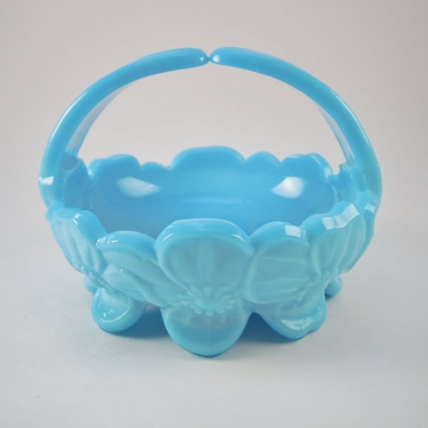 Westmoreland Vintage Footed Floral Blue/Turquoiise Milk Glass Basket Bowl Vase with Handle