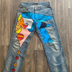 Hand Painted Jeans by Brazilian Artist Romero Britto Size 33