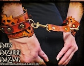 Steampunk - Cogs Wrist Leather Bracer, Mature, Bondage Cuffs, Pair Handcuff