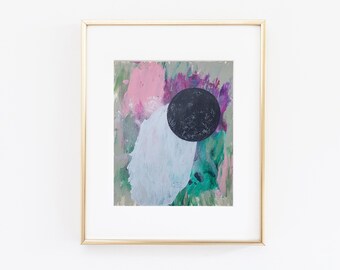 Small Little Abstract Painting, Black Moon, Lunar Art, Abstract Experimental Series