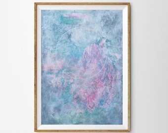 Original Pastel Pink and Blue Abstract Circle Painting, Light Calming Colours, Nursery Lunar Wall Art, Australian, Sci Fi Art