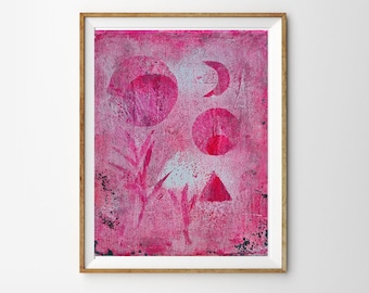 8 x 10 Abstract Painting, Pink Lunar Art, Handmade Gelli Print, Sci Fi Geometric, Mid Century Style Wall A4 Art