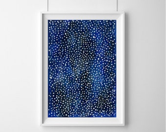 Original Abstract Painting, Blue Cosmic Art, Dotty Galaxy Stars, Celestial Painting, A4 Paper, Nursery Art, Australian Artist