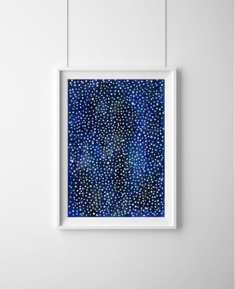 Original Abstract Painting, Blue Cosmic Art, Dotty Galaxy Stars, Celestial Painting, A4 Paper, Nursery Art, Australian Artist image 1