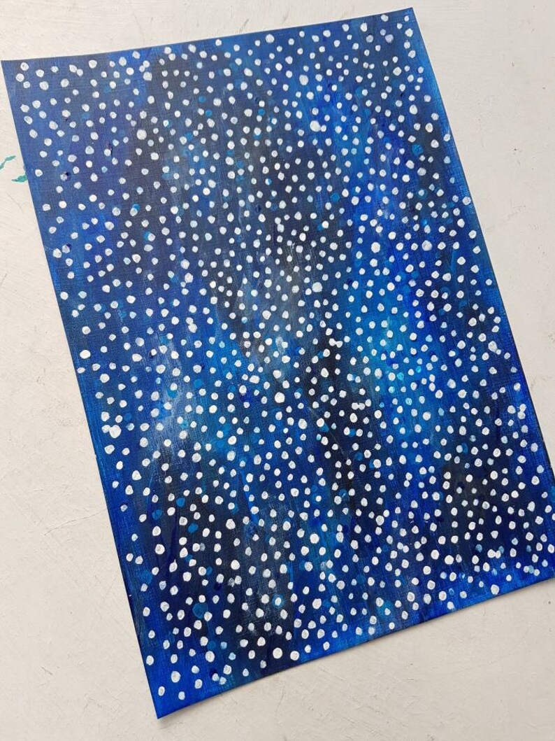 Original Abstract Painting, Blue Cosmic Art, Dotty Galaxy Stars, Celestial Painting, A4 Paper, Nursery Art, Australian Artist image 5