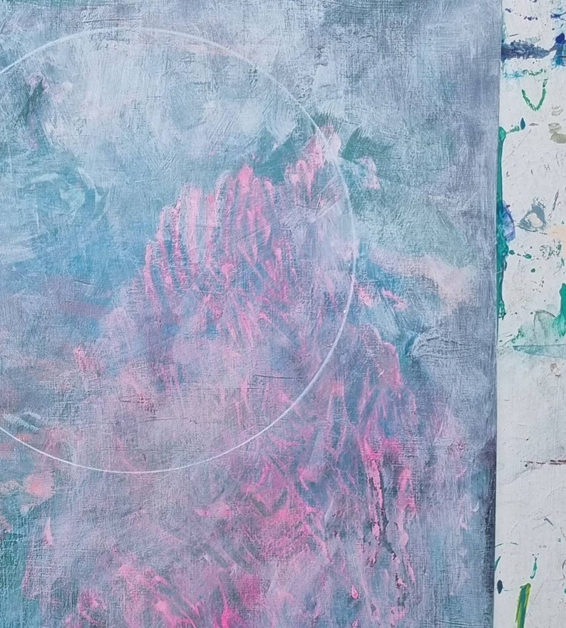 Original Pastel Pink and Blue Abstract Circle Painting, Light Calming Colours, Nursery Lunar Wall Art, Australian, Sci Fi Art image 3