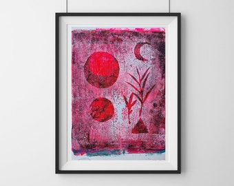 8 x 10 Abstract Painting, Fluro Pink Red Lunar Art, Handmade Gelli Print, Sci Fi Geometric, Mid Century Style Wall Art