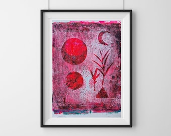 8 x 10 Abstract Painting, Fluro Pink Red Lunar Art, Handmade Gelli Print, Sci Fi Geometric, Mid Century Style Wall Art