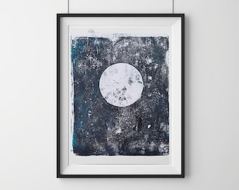 8 x 10 Abstract Moon Painting, Australian Original Art, Handmade Gelli Print, Rustic Nature Leaves, Dark Wall Art
