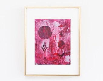 8 x 10 Abstract Painting, Bright Fluro Pink Lunar Art, Mono Gelli Print, Sci Fi Geometric, Mid Century Style Wall Art