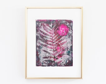 Abstract Painting, Handmade Print, Mono Gelli Print, Pink, Moon Fern Leaves, Bedroom Office Wall Art