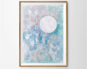 Original Abstract Full Moon Painting on A3 Canvas Paper, Soft Light Colours, Green Blue White & Peach, Textured Art