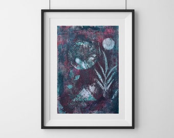 Small A5 Abstract Painting, Original Handmade Art Print, Dark Muted Green Gelli Print, Geometric Moon, Rustic Textured Wall Art