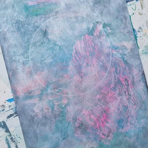 Original Pastel Pink and Blue Abstract Circle Painting, Light Calming Colours, Nursery Lunar Wall Art, Australian, Sci Fi Art image 2