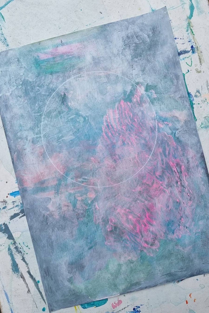 Original Pastel Pink and Blue Abstract Circle Painting, Light Calming Colours, Nursery Lunar Wall Art, Australian, Sci Fi Art image 2