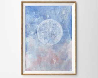 Original Abstract Moon Painting on A3 Paper, Minimalist Meditative, Soft Light Colours, Blue Pink & White, Lunar Art, Full Moon