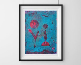 8 x 10 Abstract Painting, Aqua & Pink Lunar Art, Handmade Print, Geometric, Mid Century Klee Style Wall Art, Gelli Mono Print