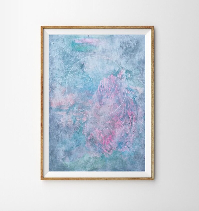 Original Pastel Pink and Blue Abstract Circle Painting, Light Calming Colours, Nursery Lunar Wall Art, Australian, Sci Fi Art image 1