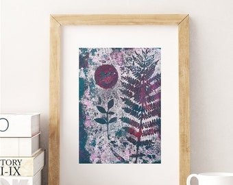 Small A5 Abstract Painting, Original Handmade Art Print, Dark Green & Pink Gelli Print, Moon Garden Series, Rustic Textured Wall Art