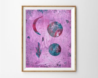 8 x 10 Abstract Painting, Pink Lunar Art, Handmade Print, Mono Gelli Print, Sci Fi Geometric, Mid Century Style Wall Art